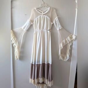Sheer Cutout Bell Sleeve Fantasy Medieval Dress In Cream And Mauve
